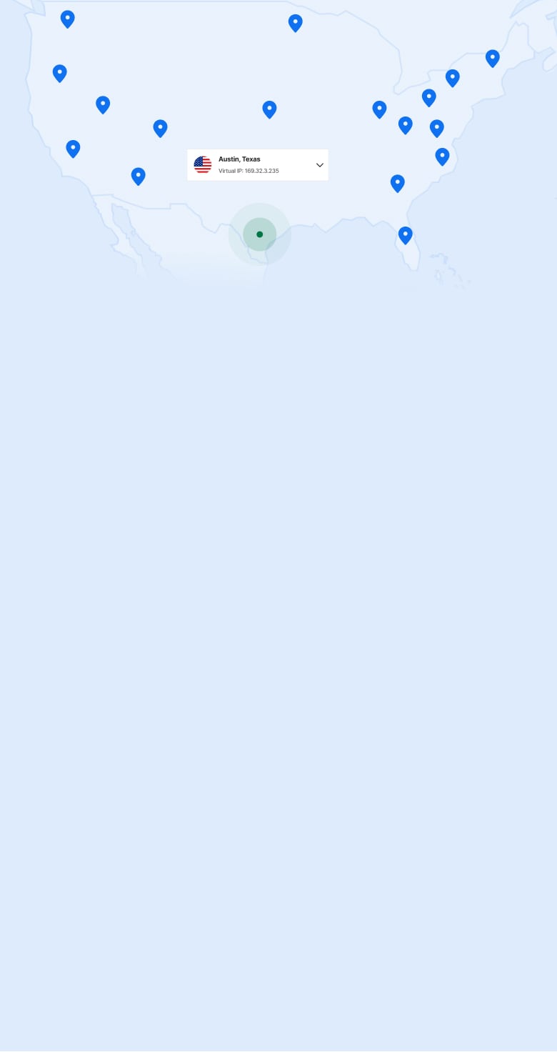 Mapa de los EE. UU. con pines que indican las ubicaciones de los servidores